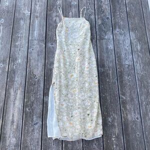 American Eagle Cottagecore Sage Green Floral Print Backless Midi Dress w Slit